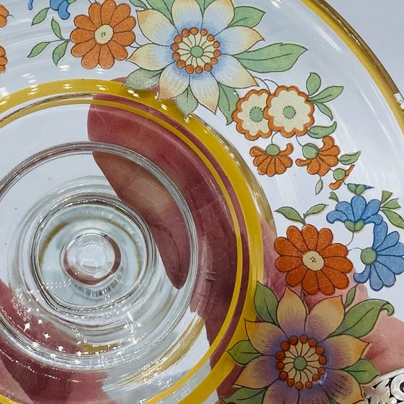 Vintage Clear Glass Candle Holder Multi/Color Floral Design Accented With Gold - Picture 5 of 8